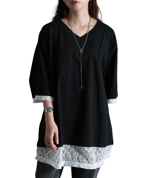 GOLDJAPAN(ゴールドジャパン)の「レースレイヤード風チュニックTシャツ【大きいサイズ対応】(チュニック・レディース・杢グレー/ブラック・LL/3L/4L/5L)」の22枚目の写真