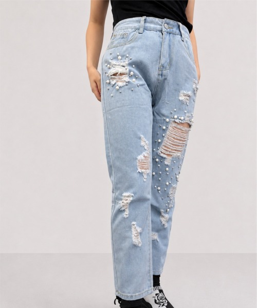 OFF-WHITE ストレートデニム ダメージ加工 スタッズ OFF-WHITE ストレートデニム ダメージ加工 スタッズ GOJOYJINNI