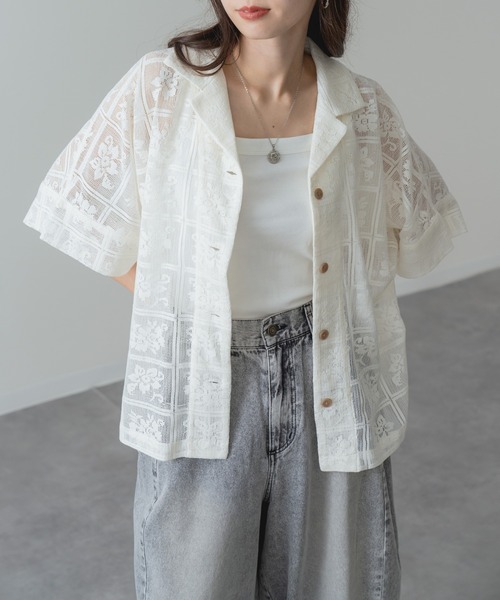 refinedworks(リファインドワークス)の「【refinedworks】旬の シアー 格子 レース 半袖 シャツ(シャツ/ブラウス・レディース・ブラック/アイボリー・FREE)」の1枚目の写真