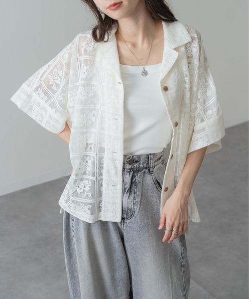 refinedworks(リファインドワークス)の「【refinedworks】旬の シアー 格子 レース 半袖 シャツ(シャツ/ブラウス・レディース・ブラック/アイボリー・FREE)」の3枚目の写真