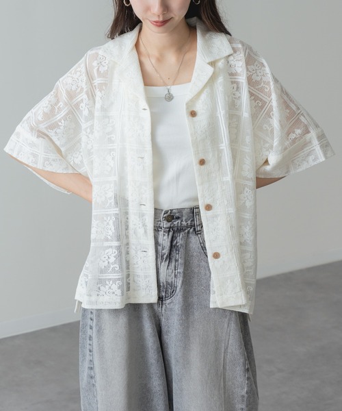 refinedworks(リファインドワークス)の「【refinedworks】旬の シアー 格子 レース 半袖 シャツ(シャツ/ブラウス・レディース・ブラック/アイボリー・FREE)」の4枚目の写真