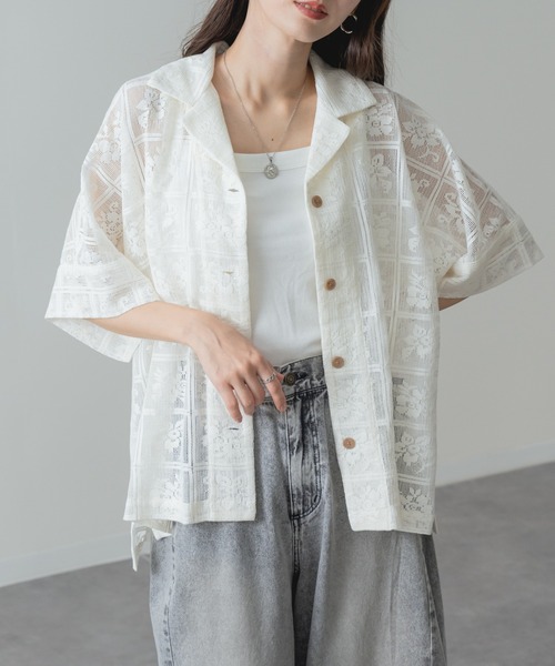 refinedworks(リファインドワークス)の「【refinedworks】旬の シアー 格子 レース 半袖 シャツ(シャツ/ブラウス・レディース・ブラック/アイボリー・FREE)」の5枚目の写真