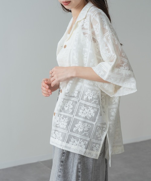 refinedworks(リファインドワークス)の「【refinedworks】旬の シアー 格子 レース 半袖 シャツ(シャツ/ブラウス・レディース・ブラック/アイボリー・FREE)」の6枚目の写真