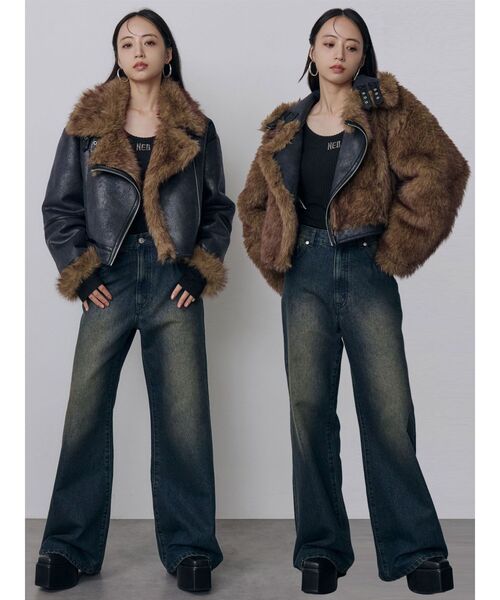 MURUA(ムルーア)の「リバーシブルショートフェイクムートンブルゾン 冬服(ムートンコート・レディース・ネイビー/ブラウン/その他1/ブラック/アイボリー・FREE)」の4枚目の写真