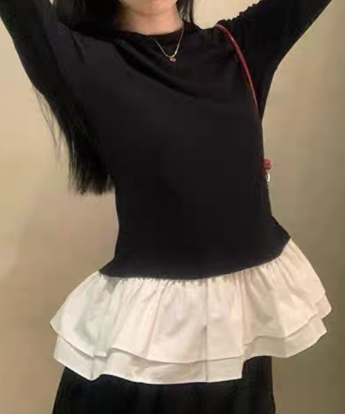 ampm(エーエムピーエム)の「フリルヘム ドッキングロングスリーブトップス(Tシャツ/カットソー・レディース・ホワイト/ブラック・S/M)」の3枚目の写真