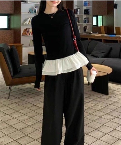 ampm(エーエムピーエム)の「フリルヘム ドッキングロングスリーブトップス(Tシャツ/カットソー・レディース・ホワイト/ブラック・S/M)」の14枚目の写真