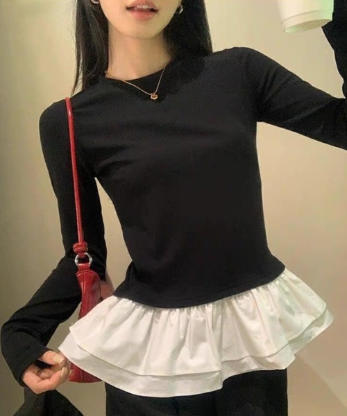 ampm(エーエムピーエム)の「フリルヘム ドッキングロングスリーブトップス(Tシャツ/カットソー・レディース・ホワイト/ブラック・S/M)」の5枚目の写真