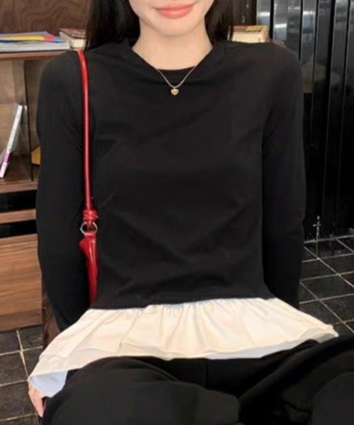 ampm(エーエムピーエム)の「フリルヘム ドッキングロングスリーブトップス(Tシャツ/カットソー・レディース・ホワイト/ブラック・S/M)」の6枚目の写真