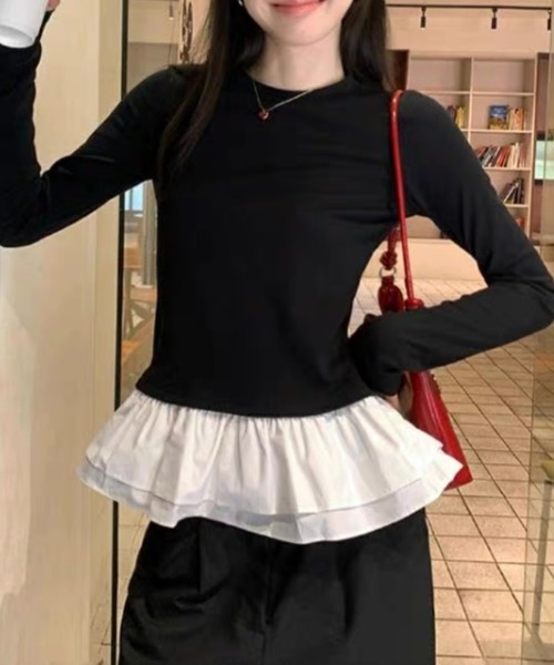 ampm(エーエムピーエム)の「フリルヘム ドッキングロングスリーブトップス(Tシャツ/カットソー・レディース・ホワイト/ブラック・S/M)」の7枚目の写真