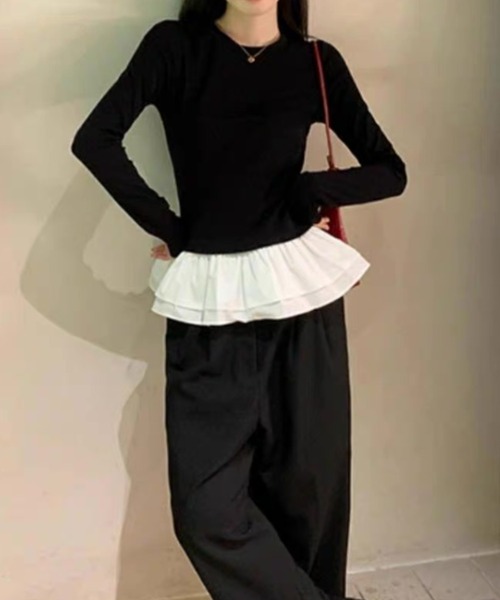 ampm(エーエムピーエム)の「フリルヘム ドッキングロングスリーブトップス(Tシャツ/カットソー・レディース・ホワイト/ブラック・S/M)」の8枚目の写真