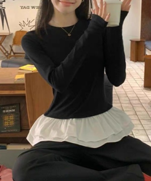 ampm(エーエムピーエム)の「フリルヘム ドッキングロングスリーブトップス(Tシャツ/カットソー・レディース・ホワイト/ブラック・S/M)」の9枚目の写真