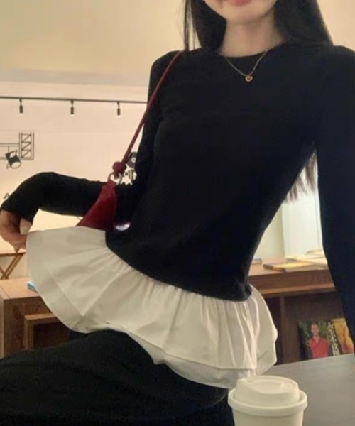 ampm(エーエムピーエム)の「フリルヘム ドッキングロングスリーブトップス(Tシャツ/カットソー・レディース・ホワイト/ブラック・S/M)」の10枚目の写真