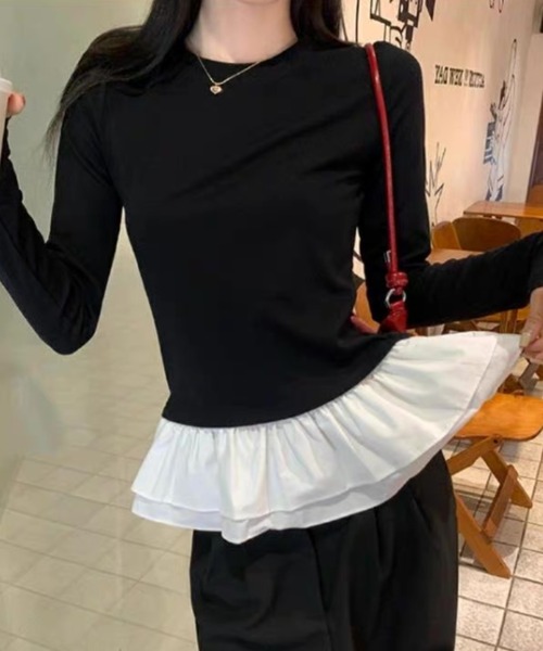 ampm(エーエムピーエム)の「フリルヘム ドッキングロングスリーブトップス(Tシャツ/カットソー・レディース・ホワイト/ブラック・S/M)」の12枚目の写真