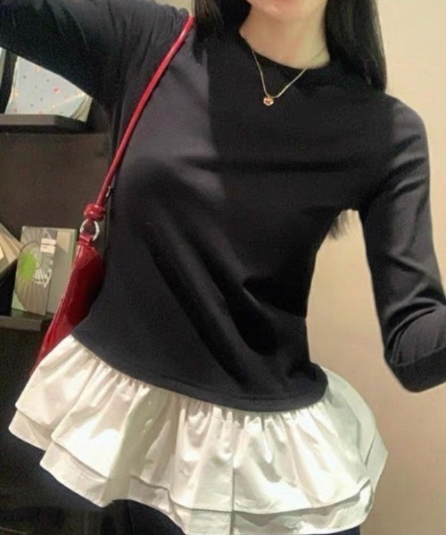 ampm(エーエムピーエム)の「フリルヘム ドッキングロングスリーブトップス(Tシャツ/カットソー・レディース・ホワイト/ブラック・S/M)」の13枚目の写真