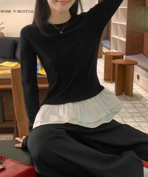 ampm(エーエムピーエム)の「フリルヘム ドッキングロングスリーブトップス(Tシャツ/カットソー・レディース・ホワイト/ブラック・S/M)」の15枚目の写真