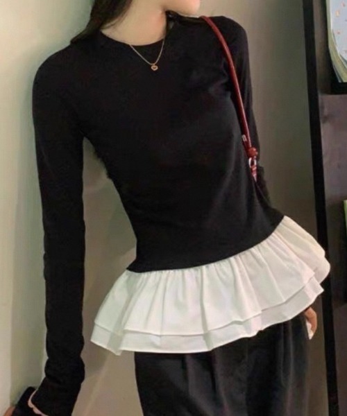 ampm(エーエムピーエム)の「フリルヘム ドッキングロングスリーブトップス(Tシャツ/カットソー・レディース・ホワイト/ブラック・S/M)」の17枚目の写真