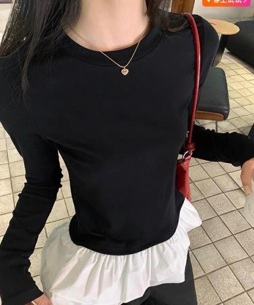 ampm(エーエムピーエム)の「フリルヘム ドッキングロングスリーブトップス(Tシャツ/カットソー・レディース・ホワイト/ブラック・S/M)」の19枚目の写真
