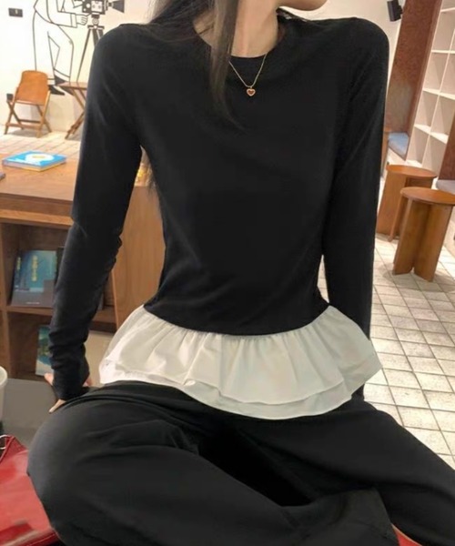ampm(エーエムピーエム)の「フリルヘム ドッキングロングスリーブトップス(Tシャツ/カットソー・レディース・ホワイト/ブラック・S/M)」の20枚目の写真