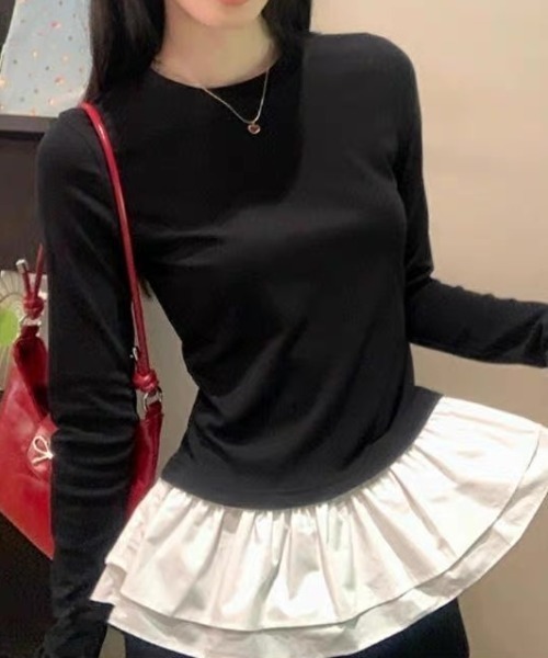 ampm(エーエムピーエム)の「フリルヘム ドッキングロングスリーブトップス(Tシャツ/カットソー・レディース・ホワイト/ブラック・S/M)」の21枚目の写真