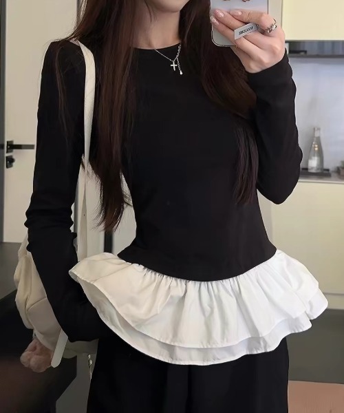 ampm(エーエムピーエム)の「フリルヘム ドッキングロングスリーブトップス(Tシャツ/カットソー・レディース・ホワイト/ブラック・S/M)」の22枚目の写真