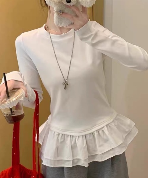 ampm(エーエムピーエム)の「フリルヘム ドッキングロングスリーブトップス(Tシャツ/カットソー・レディース・ホワイト/ブラック・S/M)」の4枚目の写真