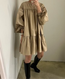 クルーネック 切替 ティアード長袖ワンピース