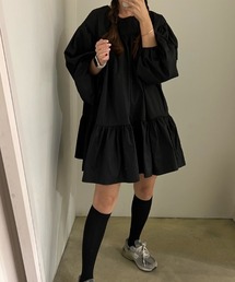 クルーネック 切替 ティアード長袖ワンピース