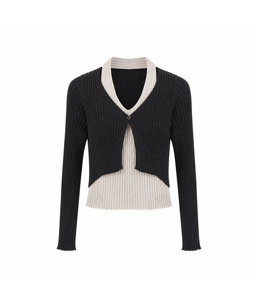 VASCARA(バスカラ)の「Color-Blocked Layered Ribbed V-Neck Knit Cardigan (4colors)(カーディガン/ボレロ・レディース・ダークブラウン/アイボリー/キャメル/チャコール・FREE)」の1枚目の写真