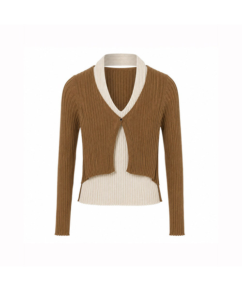 VASCARA(バスカラ)の「Color-Blocked Layered Ribbed V-Neck Knit Cardigan (4colors)(カーディガン/ボレロ・レディース・ダークブラウン/アイボリー/キャメル/チャコール・FREE)」の4枚目の写真