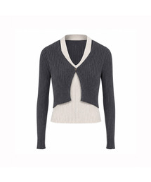 Color-Blocked Layered Ribbed V-Neck Knit Cardigan (4colors)