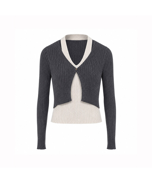 VASCARA(バスカラ)の「Color-Blocked Layered Ribbed V-Neck Knit Cardigan (4colors)(カーディガン/ボレロ・レディース・ダークブラウン/アイボリー/キャメル/チャコール・FREE)」の3枚目の写真