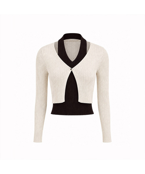 VASCARA(バスカラ)の「Color-Blocked Layered Ribbed V-Neck Knit Cardigan (4colors)(カーディガン/ボレロ・レディース・ダークブラウン/アイボリー/キャメル/チャコール・FREE)」の2枚目の写真