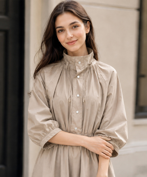 VASCARA(バスカラ)の「High-neck Shirring A-line Flare Long Dress (2colors)(ワンピース・レディース・ブラック/ベージュ・FREE)」の3枚目の写真