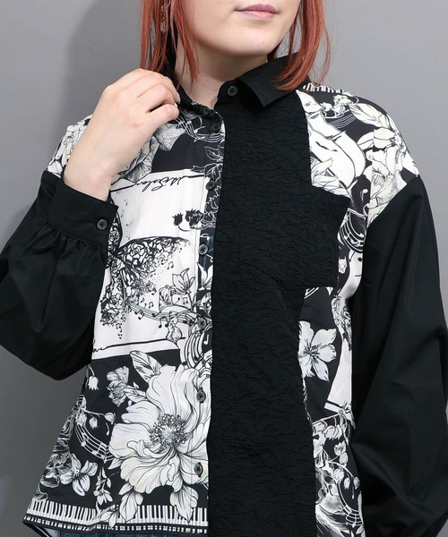 iS ScoLar(イズスカラー)の「563223:スカーフ柄×ジャガード生地 リメイク風シャツ(シャツ/ブラウス・レディース・ブラック/カーキ/アイボリー・M)」の7枚目の写真