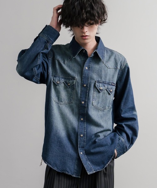 KRIFF MAYER（クリフメイヤー）の「KRIFF MAYER クリフメイヤー ウエスタンデニムシャツ/7オンスヴィンテージ加工長袖シャツ 2625110（シャツ/ブラウス・メンズ・ストライプ/ダークブルー/ライトブルー・XL/L）」の2枚目の写真