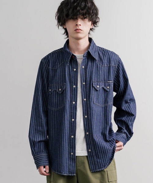 KRIFF MAYER（クリフメイヤー）の「KRIFF MAYER クリフメイヤー ウエスタンデニムシャツ/7オンスヴィンテージ加工長袖シャツ 2625110（シャツ/ブラウス・メンズ・ストライプ/ダークブルー/ライトブルー・XL/L）」の3枚目の写真