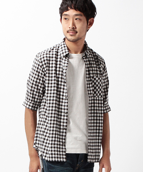BEAMS(ビームス)の「BEAMS / ギンガム 5分袖 ボタンダウンシャツ(シャツ/ブラウス・メンズ・ホワイト/グリーン/ブルー・MEDIUM/X-LARGE/LARGE/SMALL)」の1枚目の写真