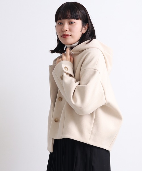 Lene（レネ）の「2重織メルトン　フードショートコート（その他アウター・レディース・ホワイト/カーキ/ブラック・FREE）」の9枚目の写真