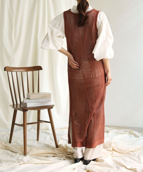 HER CLOSET(ハークローゼット)の「【shemoshelly】チェックメッシュ透かし編みニットベストワンピース(ワンピース・レディース・ブラック/アイボリー/ライトカーキ/テラコッタ・M)」の19枚目の写真