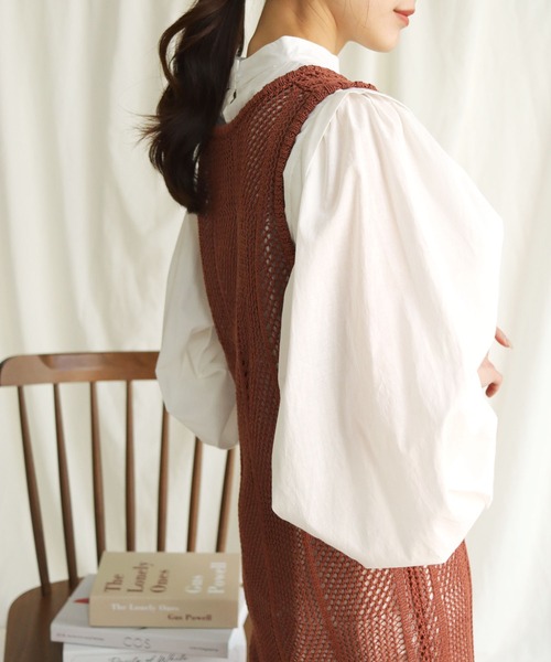 HER CLOSET(ハークローゼット)の「【shemoshelly】チェックメッシュ透かし編みニットベストワンピース(ワンピース・レディース・ブラック/アイボリー/ライトカーキ/テラコッタ・M)」の11枚目の写真