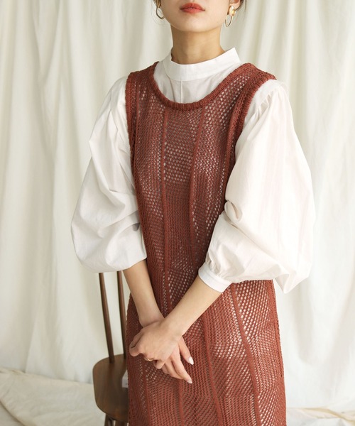 HER CLOSET(ハークローゼット)の「【shemoshelly】チェックメッシュ透かし編みニットベストワンピース(ワンピース・レディース・ブラック/アイボリー/ライトカーキ/テラコッタ・M)」の7枚目の写真