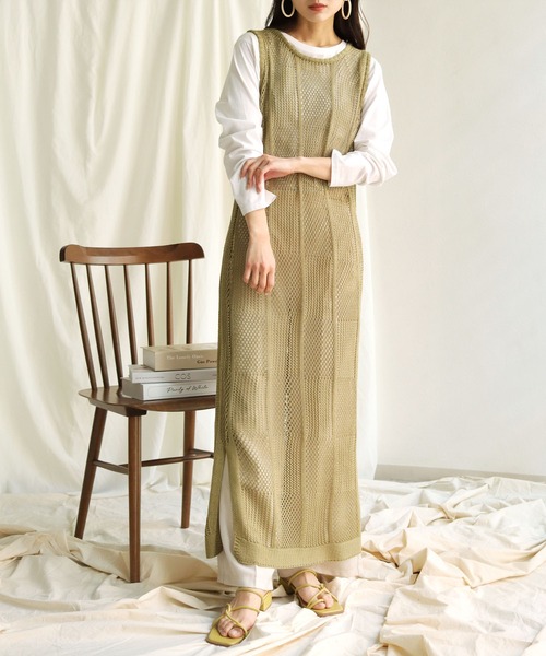 HER CLOSET(ハークローゼット)の「【shemoshelly】チェックメッシュ透かし編みニットベストワンピース(ワンピース・レディース・ブラック/アイボリー/ライトカーキ/テラコッタ・M)」の20枚目の写真