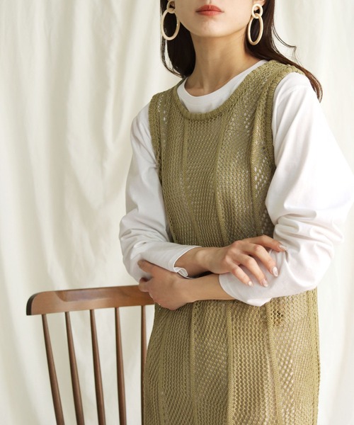 HER CLOSET(ハークローゼット)の「【shemoshelly】チェックメッシュ透かし編みニットベストワンピース(ワンピース・レディース・ブラック/アイボリー/ライトカーキ/テラコッタ・M)」の8枚目の写真