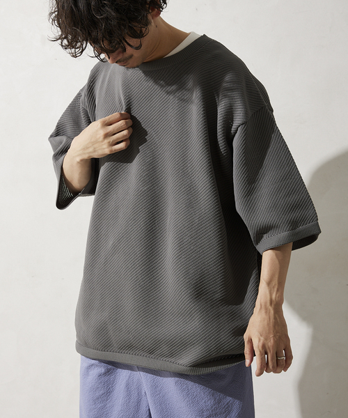 JOURNAL STANDARD relume（ジャーナルスタンダード　レリューム）の「【半袖ニット+カットソーの2点SET】リサイクルポリエステルニットT ”BIAS"（ニット/セーター・メンズ・ブラック/ベージュ/グレー/カーキ/イエロー・MEDIUM/LARGE）」の2枚目の写真