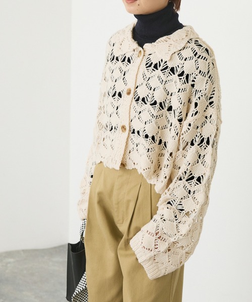 forksy.（フォルクシー）の「【forksy.】カギ編みニット襟付きショート丈カーディガン（カーディガン/ボレロ・レディース・ブラック/アイボリー・FREE）」の9枚目の写真