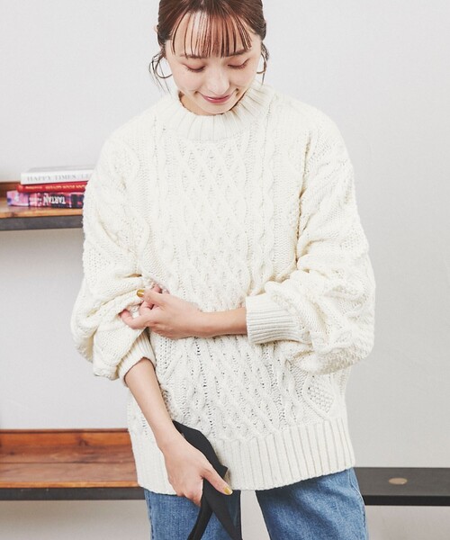 coen（コーエン）の「［洗える］ケーブル縄編みニット（ニット/セーター・レディース・ダークグリーン/ブラウン/レッド/オフホワイト・M/L）」の2枚目の写真