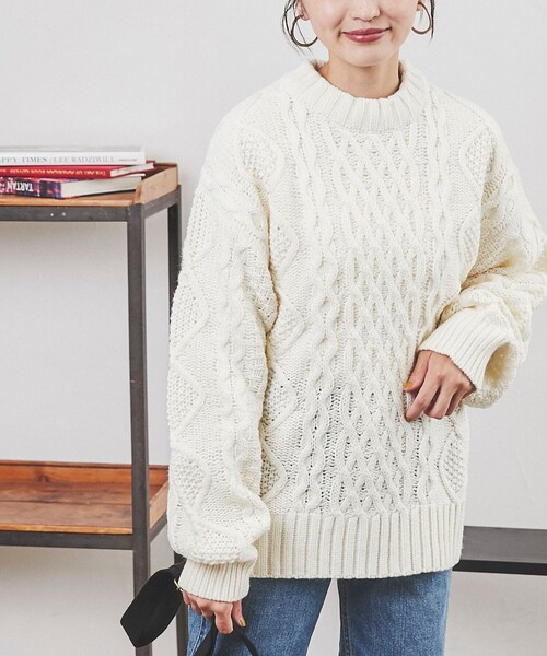 coen（コーエン）の「［洗える］ケーブル縄編みニット（ニット/セーター・レディース・ダークグリーン/ブラウン/レッド/オフホワイト・M/L）」の19枚目の写真