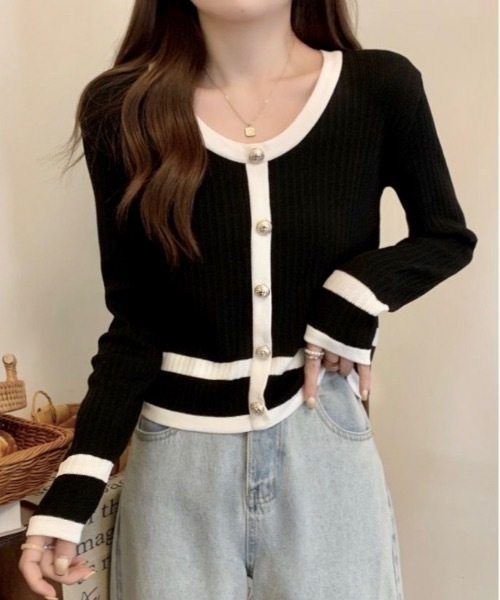 Burner（バーナー）の「【OKUOKU　0909】バイカラーニットカーディガン　oku-tops-684469396914-1693（カーディガン/ボレロ・レディース・A/B/C・FREE）」の2枚目の写真