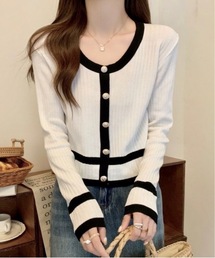 【OKUOKU　0909】バイカラーニットカーディガン　oku-tops-684469396914-1693