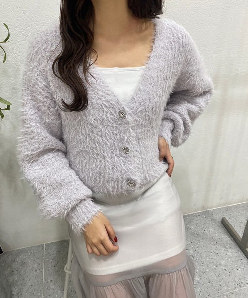 one after another NICE CLAUP（ワンアフターアナザーナイスクラップ）の「キラキラボタンフェザーカーディガン　2023SS（カーディガン/ボレロ・レディース・ベージュ/アイボリー/ラベンダー/ピンク・FREE）」の3枚目の写真